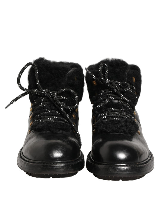 Black Trekking Fur Lace Leather Boots Shoes