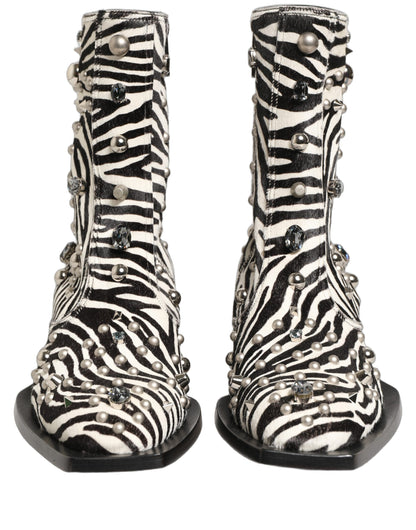 Black White Zebra Embellished Boots Shoes