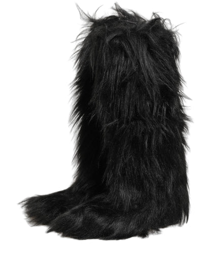 Black Faux Fur Mid Calf Winter Boots Shoes