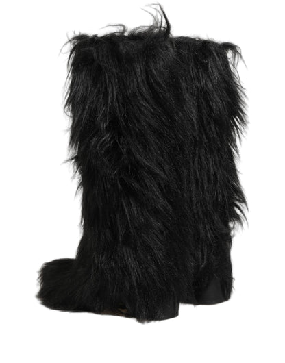 Black Faux Fur Mid Calf Winter Boots Shoes