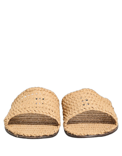 Beige Straw Raffia Slides Sandals Flats Shoes