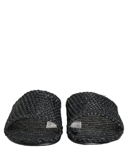 Black Straw Raffia Slides Sandals Flats Shoes