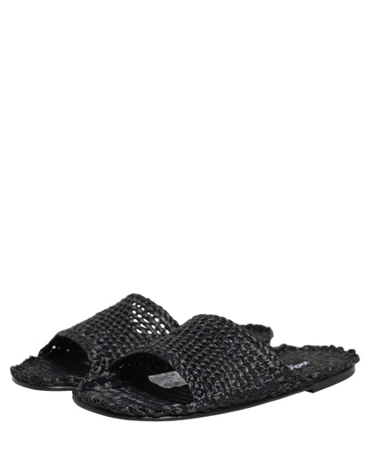 Black Straw Raffia Slides Sandals Flats Shoes