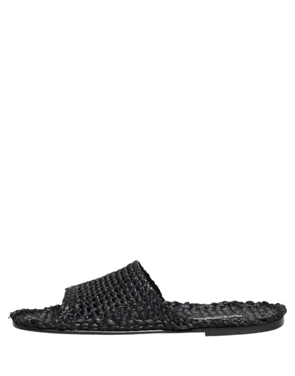Black Straw Raffia Slides Sandals Flats Shoes
