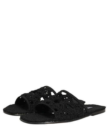 Black Fabric Woven Slides Sandals Flats Shoes