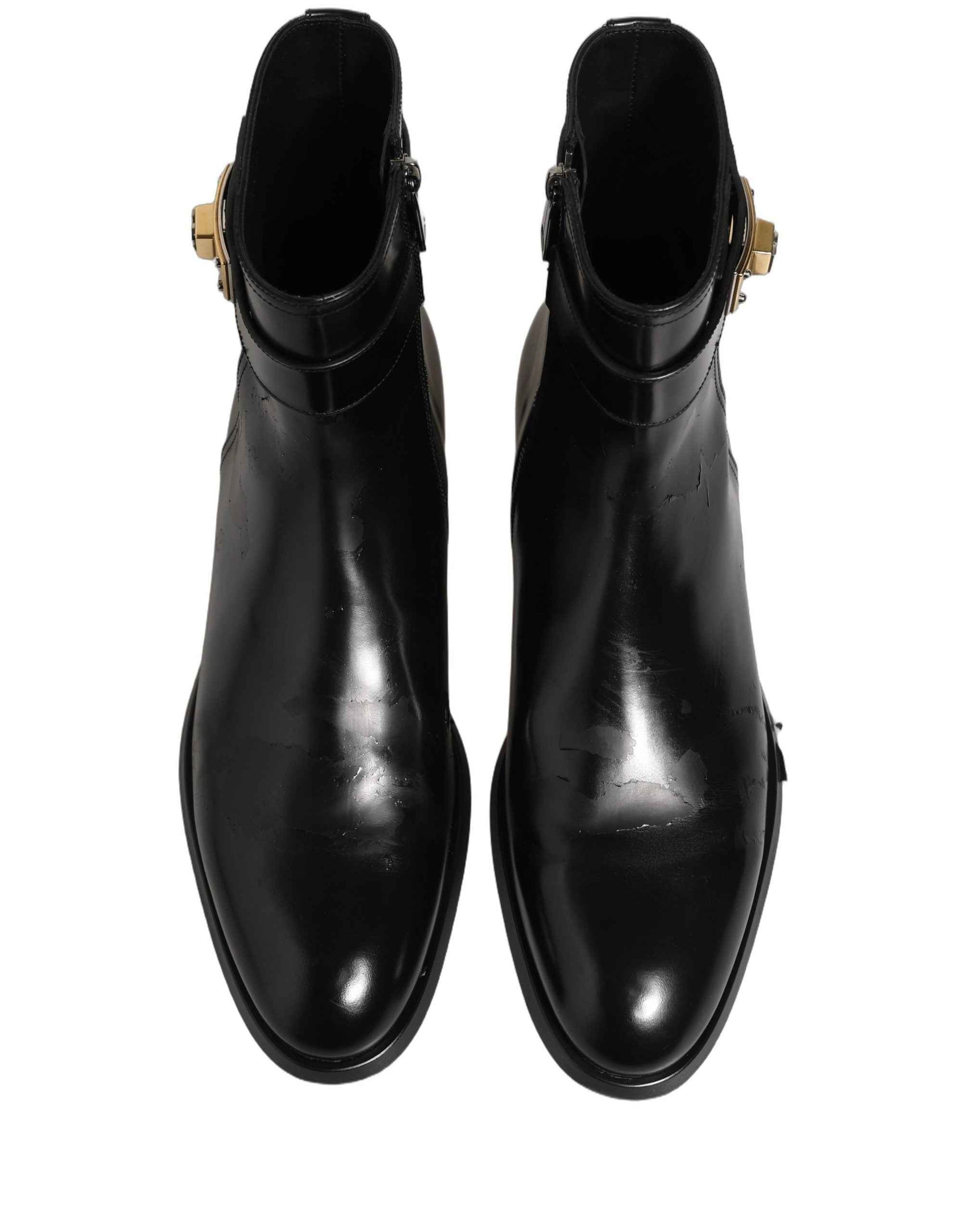 Black Leather Logo Buckle Mid Calf Boots Shoes