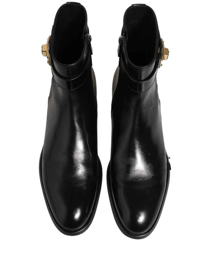 Black Leather Logo Buckle Mid Calf Boots Shoes