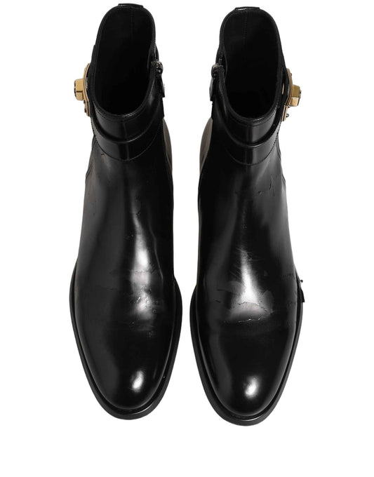 Black Leather Logo Buckle Mid Calf Boots Shoes