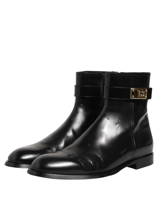 Black Leather Logo Buckle Mid Calf Boots Shoes