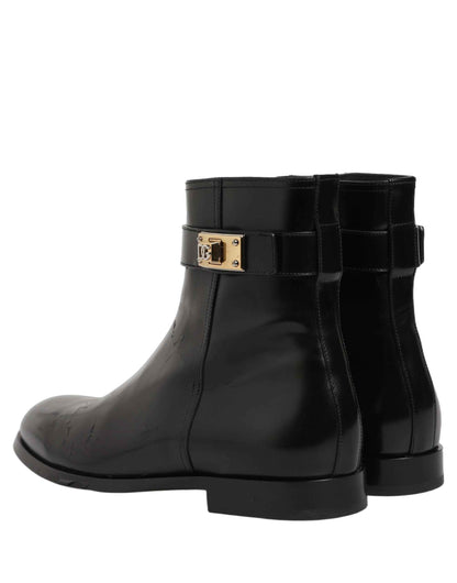 Black Leather Logo Buckle Mid Calf Boots Shoes