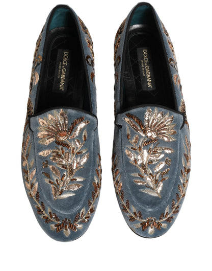 Blue Velvet Embellished Dress Loafers Shoes