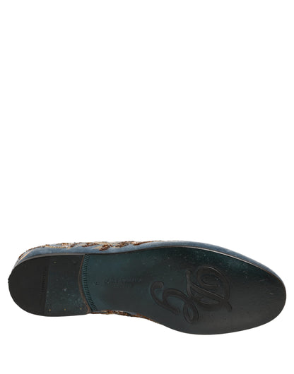 Blue Velvet Embellished Dress Loafers Shoes