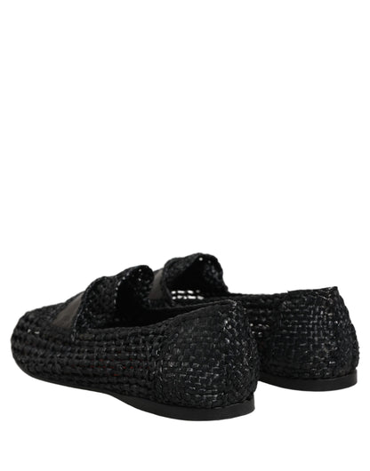 Black Woven Leather Slip On Loafers Men Shoes