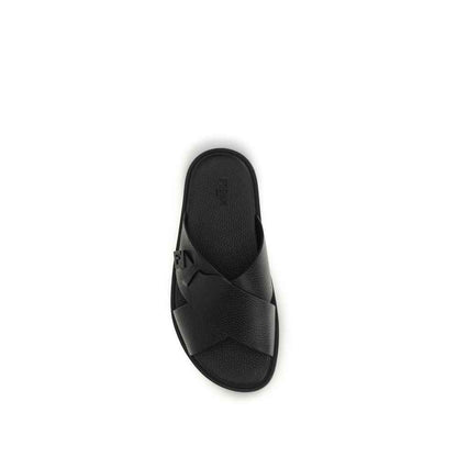 Black Calf Leather Bos Taurus Flat Sandals