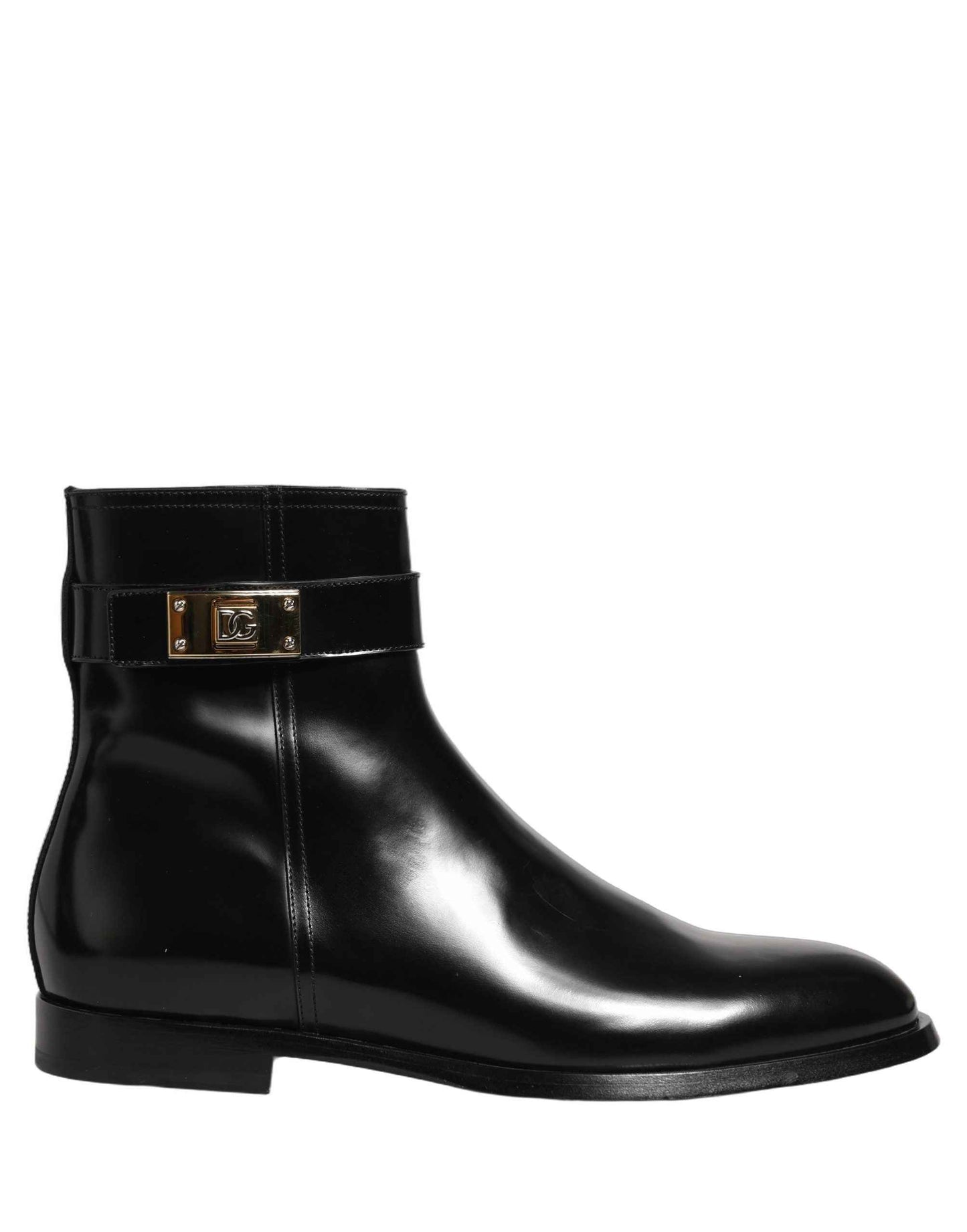 Black Leather Logo Buckle Mid Calf Boots Shoes