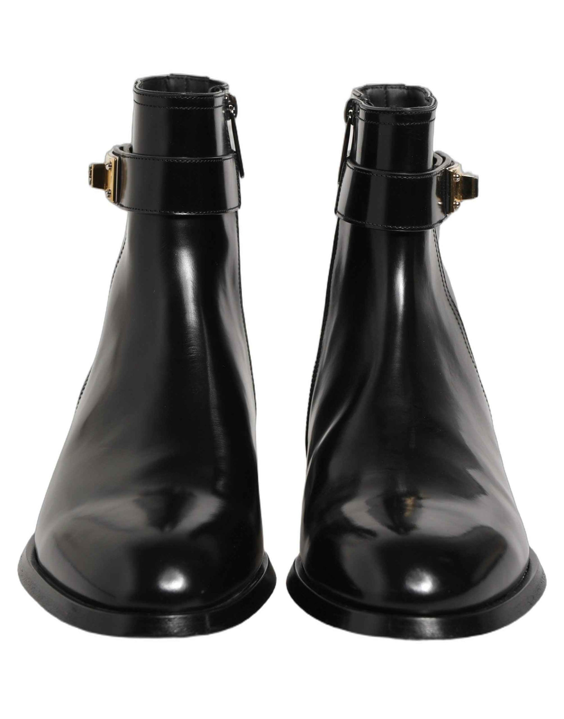 Black Leather Logo Buckle Mid Calf Boots Shoes