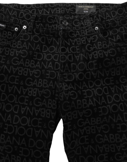 Black Logo Monogram Cotton Slim Denim Jeans