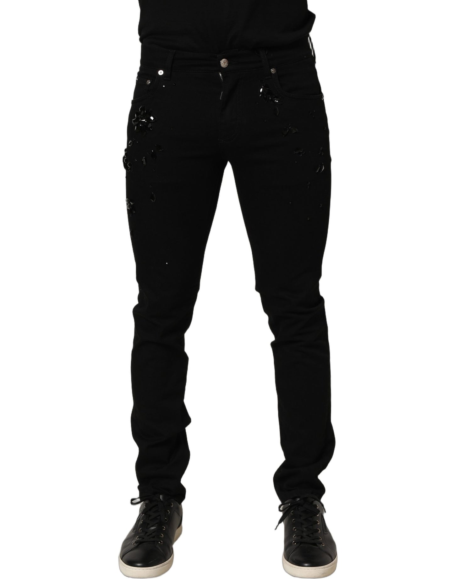 Black Embellished Cotton Skinny Denim Jeans