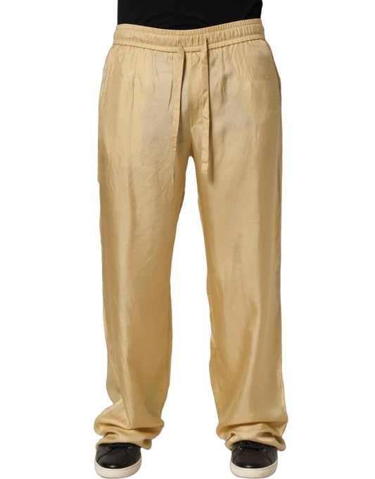 Yellow Straight Silk Mid Waist Chino Trouser Pants