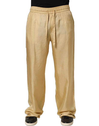 Yellow Straight Silk Mid Waist Chino Trouser Pants