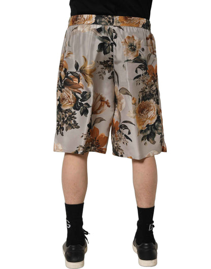 Beige Floral Print Silk Men Bermuda Shorts