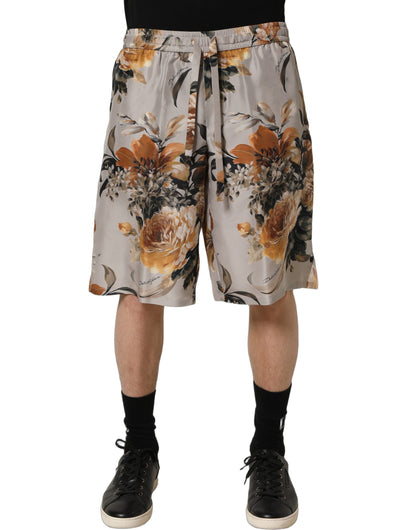 Beige Floral Print Silk Men Bermuda Shorts