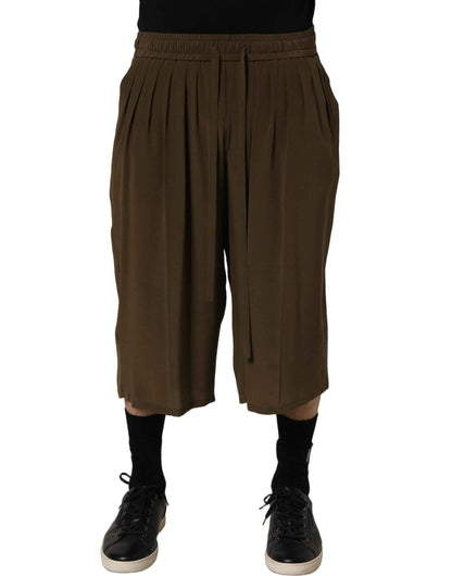 Brown Silk Mid Waist Pleated Bermuda Shorts