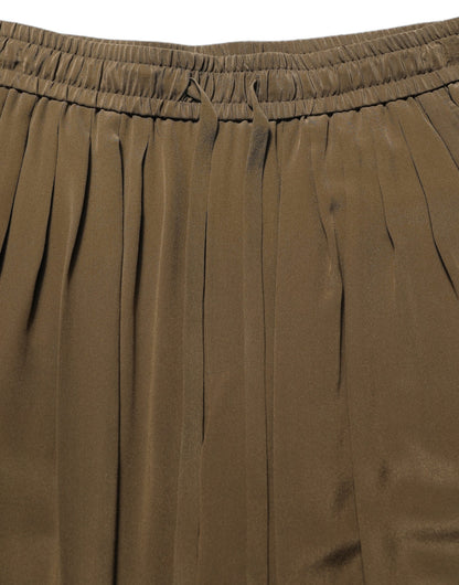 Brown Silk Mid Waist Pleated Bermuda Shorts