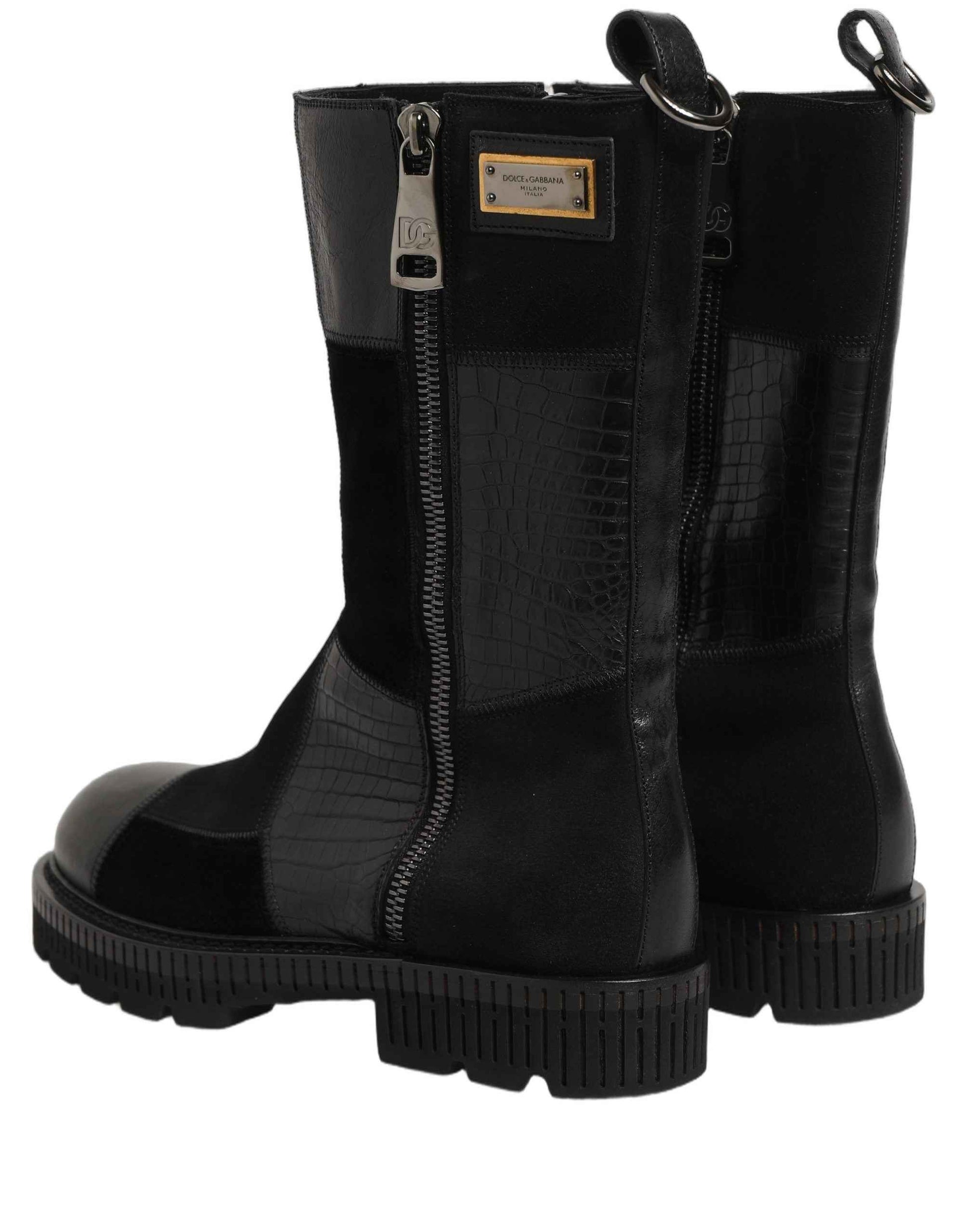 Black Patchwork Leather Mid Calf Boots Shoes