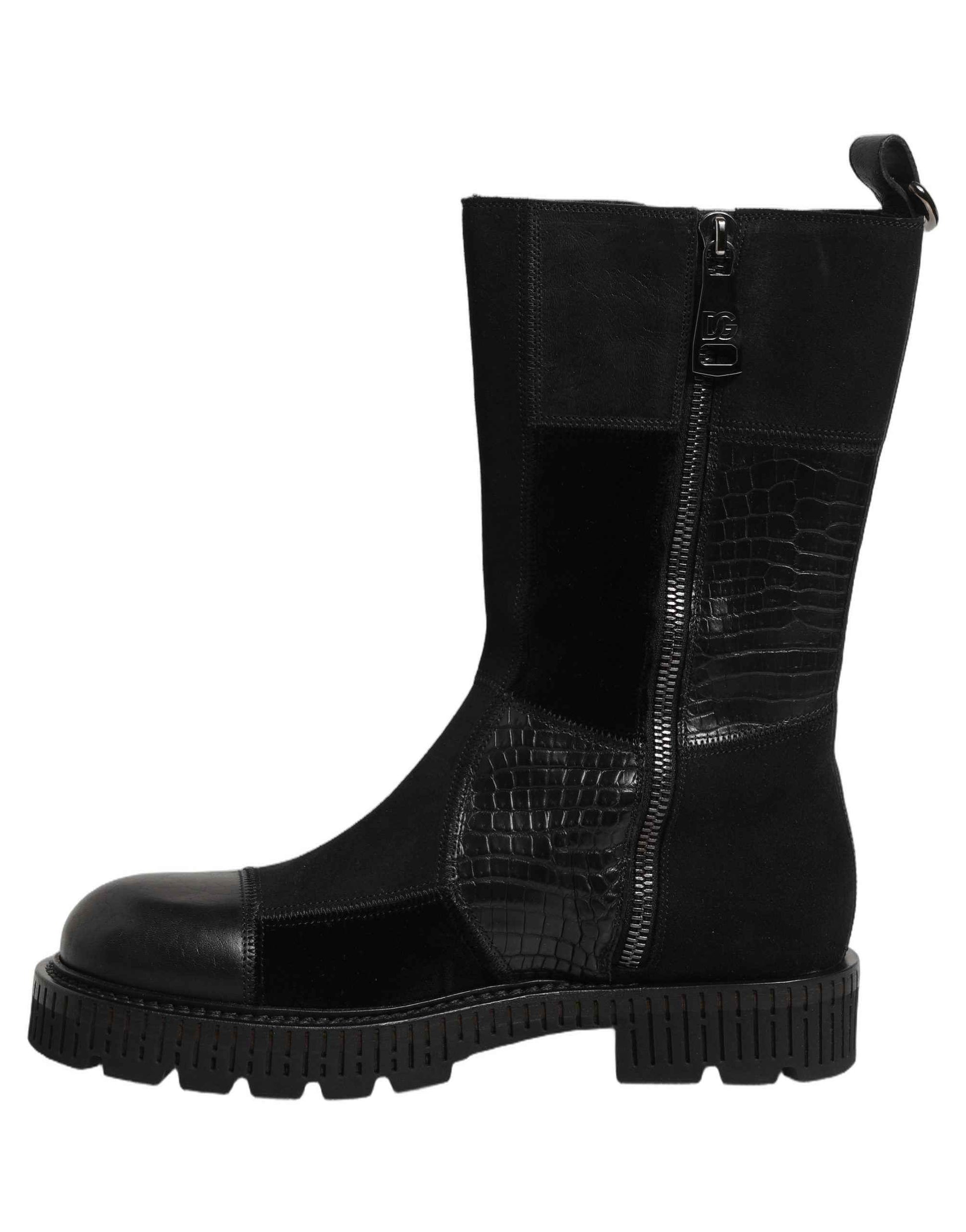 Black Patchwork Leather Mid Calf Boots Shoes