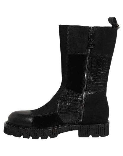 Black Patchwork Leather Mid Calf Boots Shoes