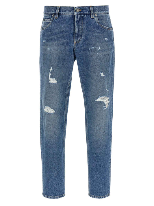 Blue Cotton Straight-Leg Jeans