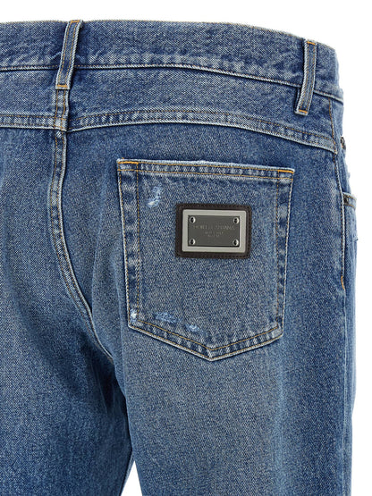 Blue Cotton Straight-Leg Jeans