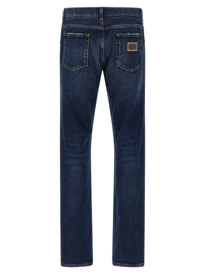 Blue Cotton Straight-Leg Jeans