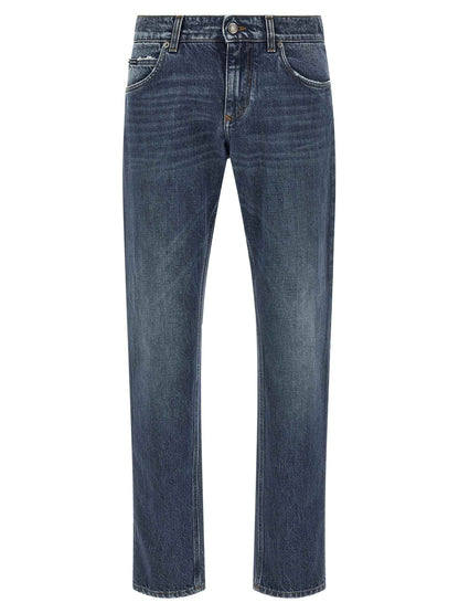 Blue Cotton Straight-Leg Jeans