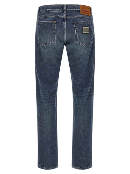 Blue Cotton Straight-Leg Jeans