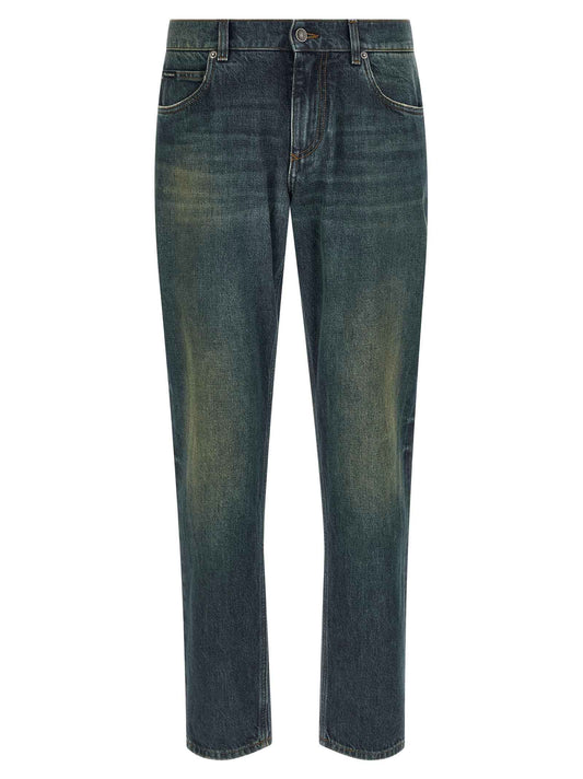 Blue Cotton Straight-Leg Jeans