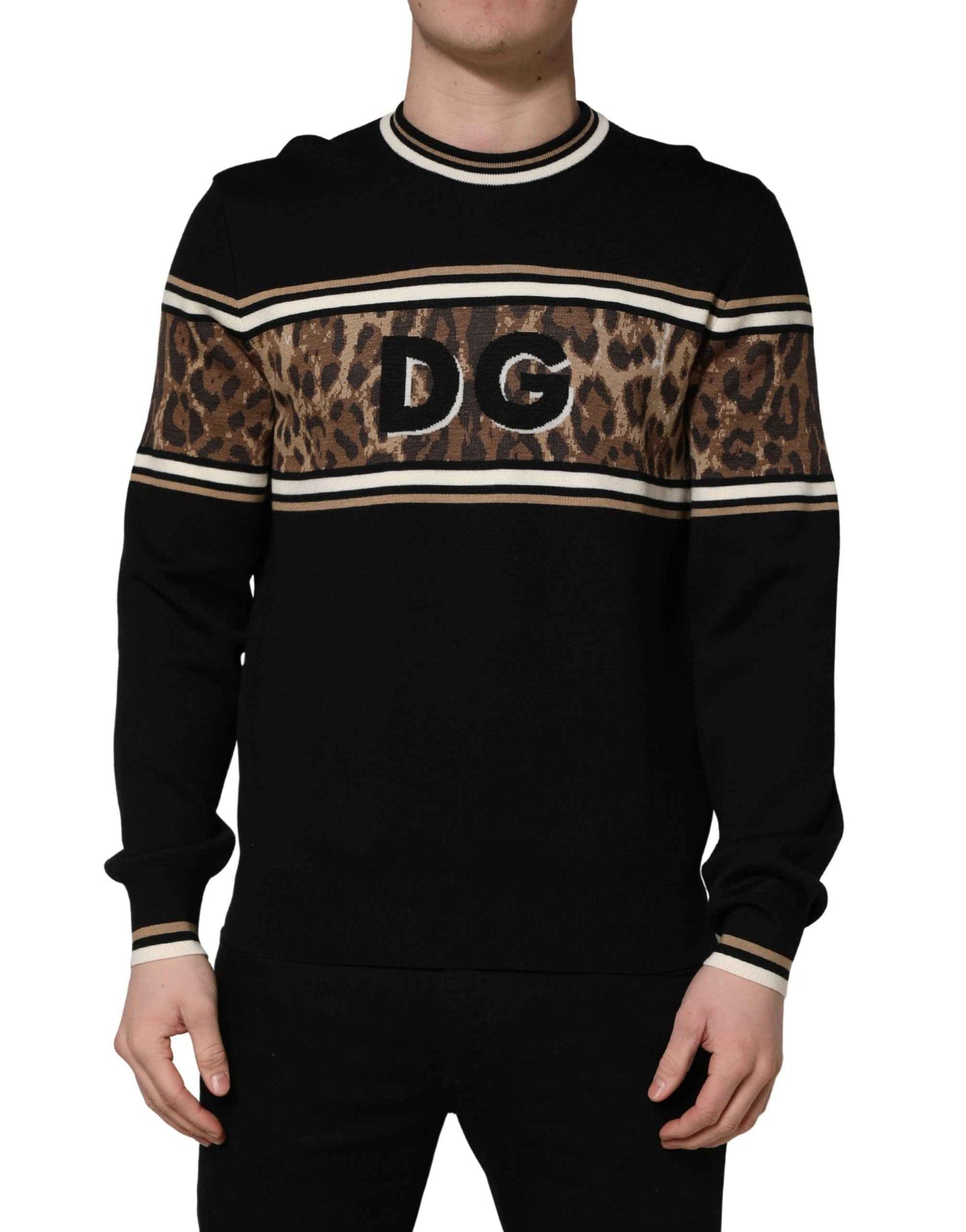 Black Leopard Wool Crew Neck Men Pullover Sweater