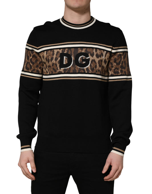 Black Leopard Wool Crew Neck Men Pullover Sweater