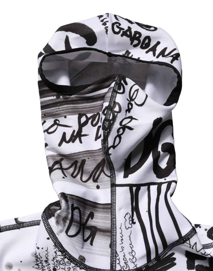 White Jersey Graffiti Print Balaclava Hood Sweater