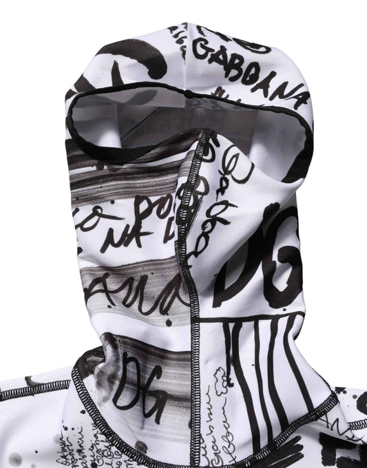 White Jersey Graffiti Print Balaclava Hood Sweater