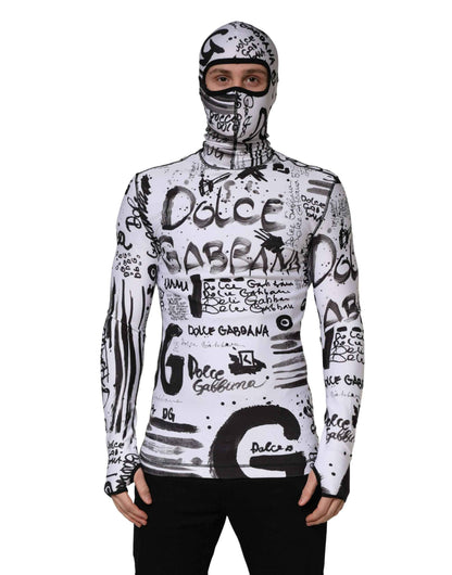 White Jersey Graffiti Print Balaclava Hood Sweater