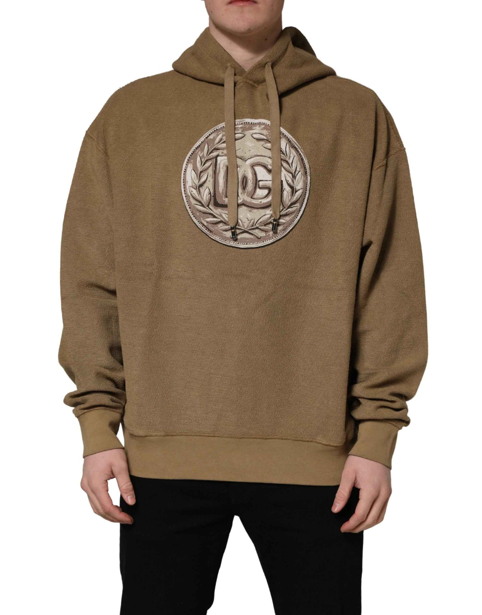Brown Cotton Logo Coin Hooded Pullover Sweater