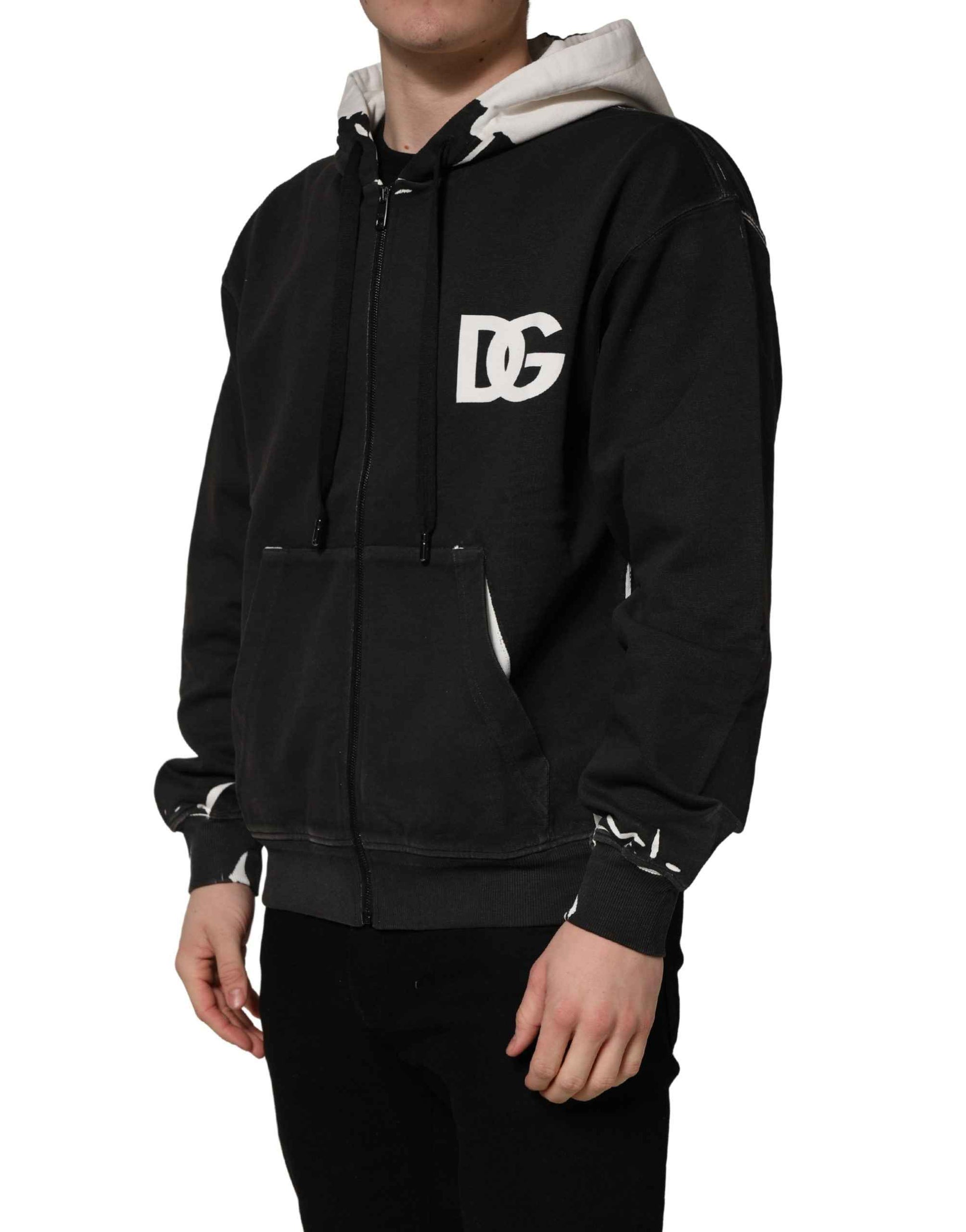 Black Cotton Logo Hooded Full Zip Sweater