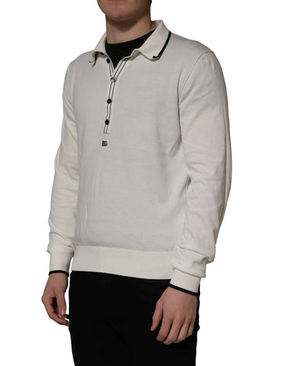 White Cotton Blend Men Polo Pullover Sweater