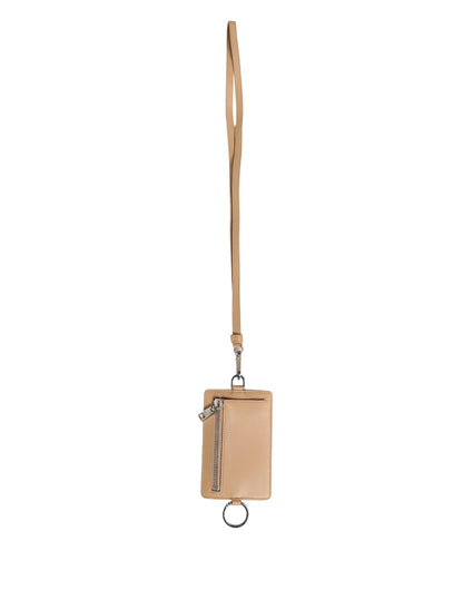 Beige Leather Logo Embossed Lanyard Card Holder Wallet
