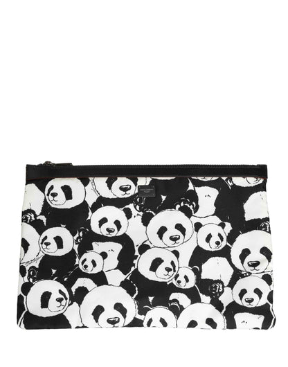 Black White Panda Print Nylon Clutch Men Pouch Borse Bag