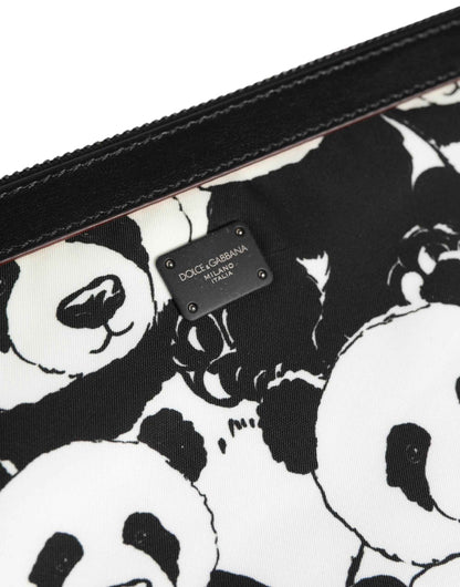 Black White Panda Print Nylon Clutch Men Pouch Borse Bag