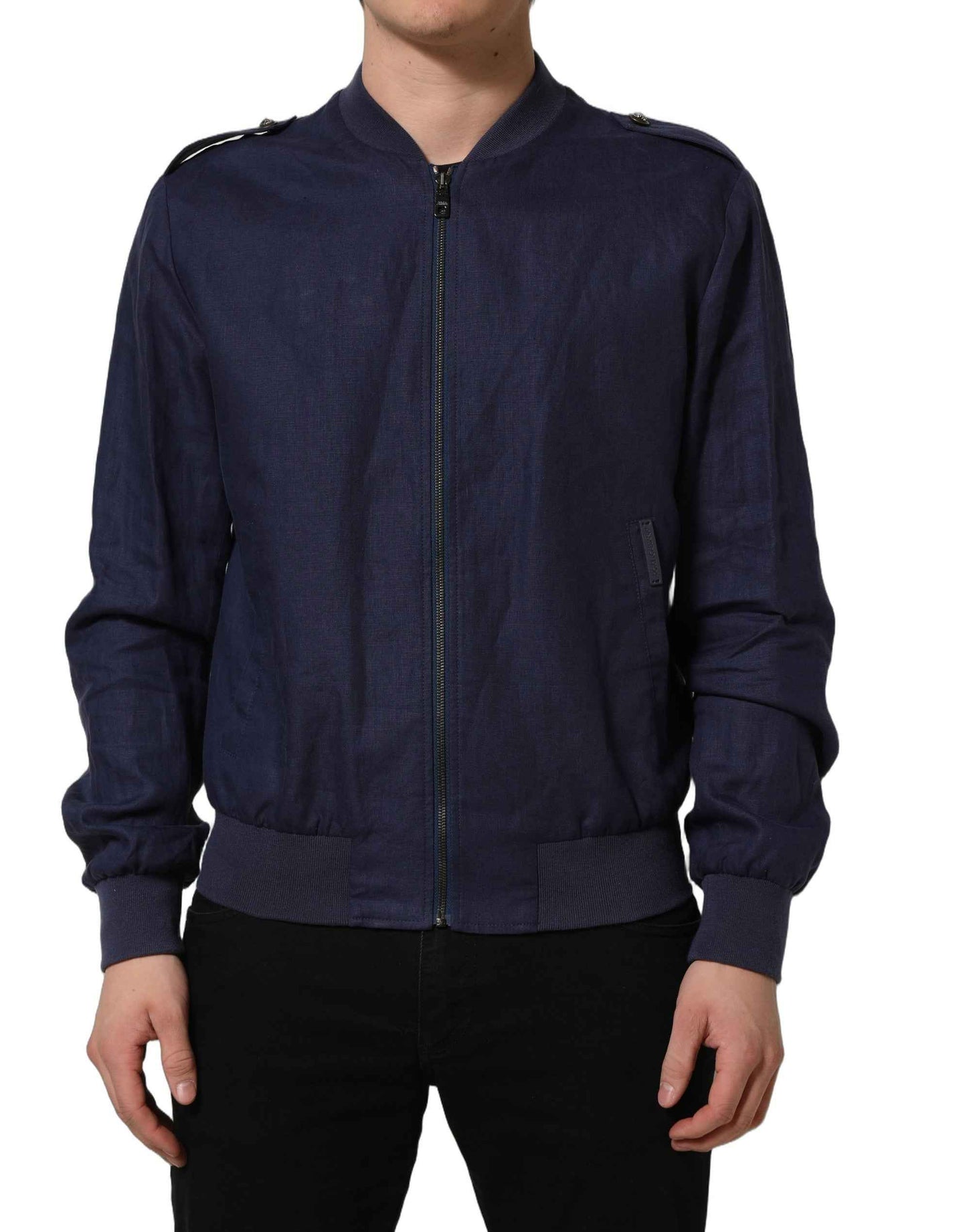 Blue Linen Full Zip Men Bomber Jacket