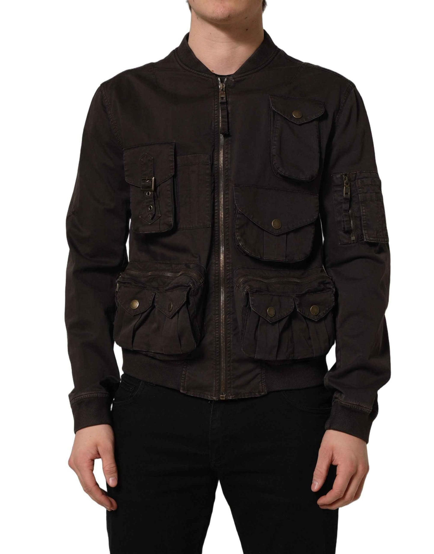 Brown Cotton Full Zip Men Bomber Jacket